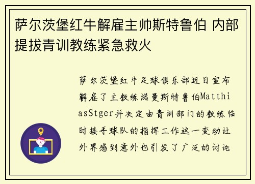 萨尔茨堡红牛解雇主帅斯特鲁伯 内部提拔青训教练紧急救火 萨尔茨堡红牛解雇主帅斯特鲁伯 内部提拔青训教练紧急救火