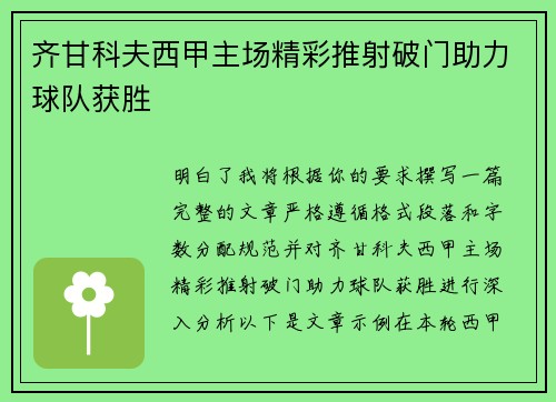 齐甘科夫西甲主场精彩推射破门助力球队获胜